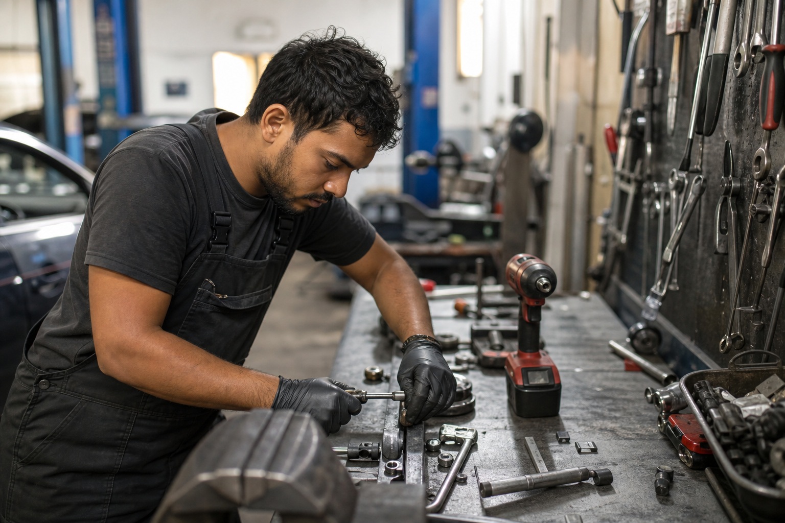 Mechanic leaning over tools in an auto repair workshop