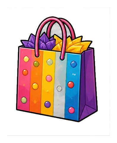 Colorful blank gift bag with pink handles and polka dots on each panel