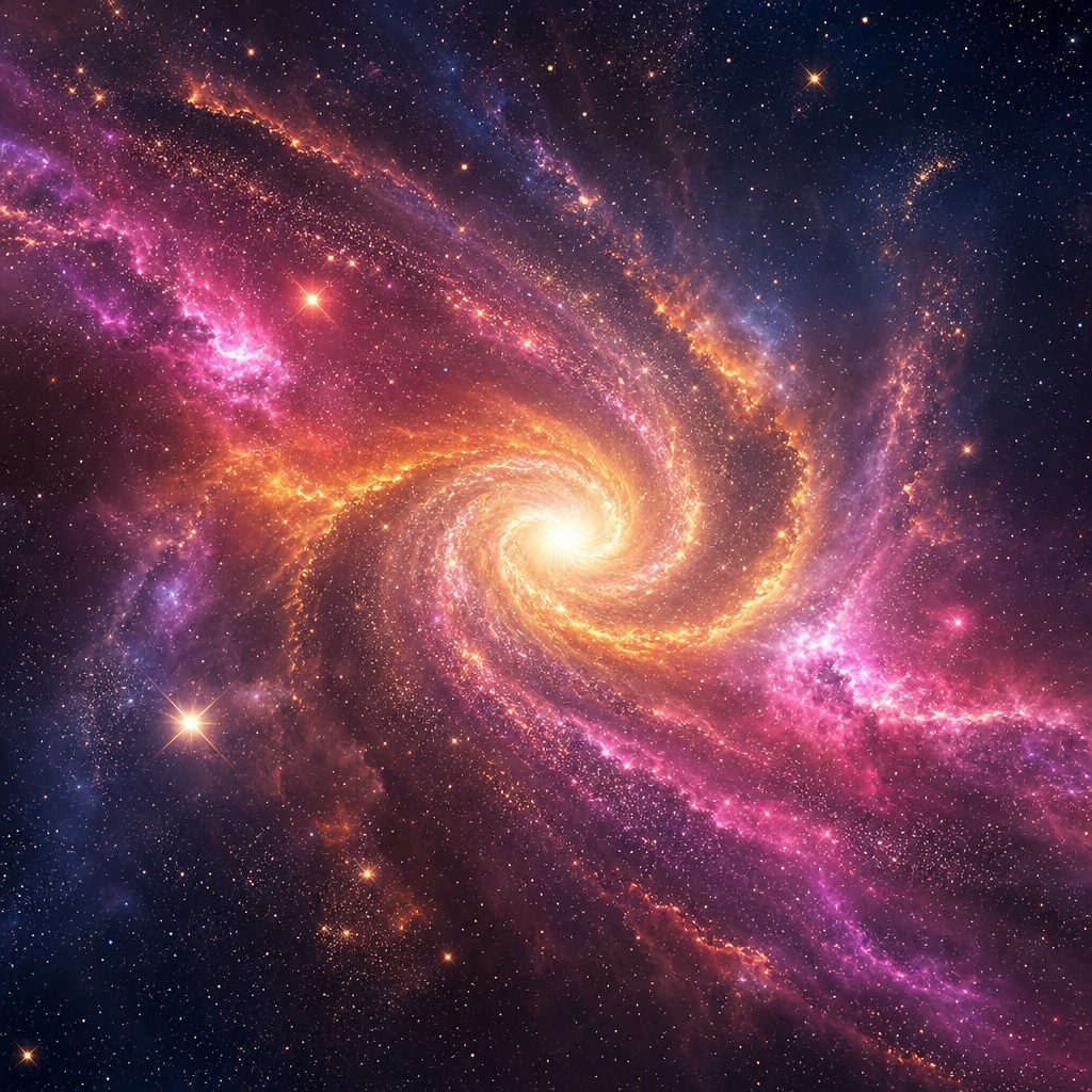 Glowing pink and gold spiral galaxy with stars and dark deep space background