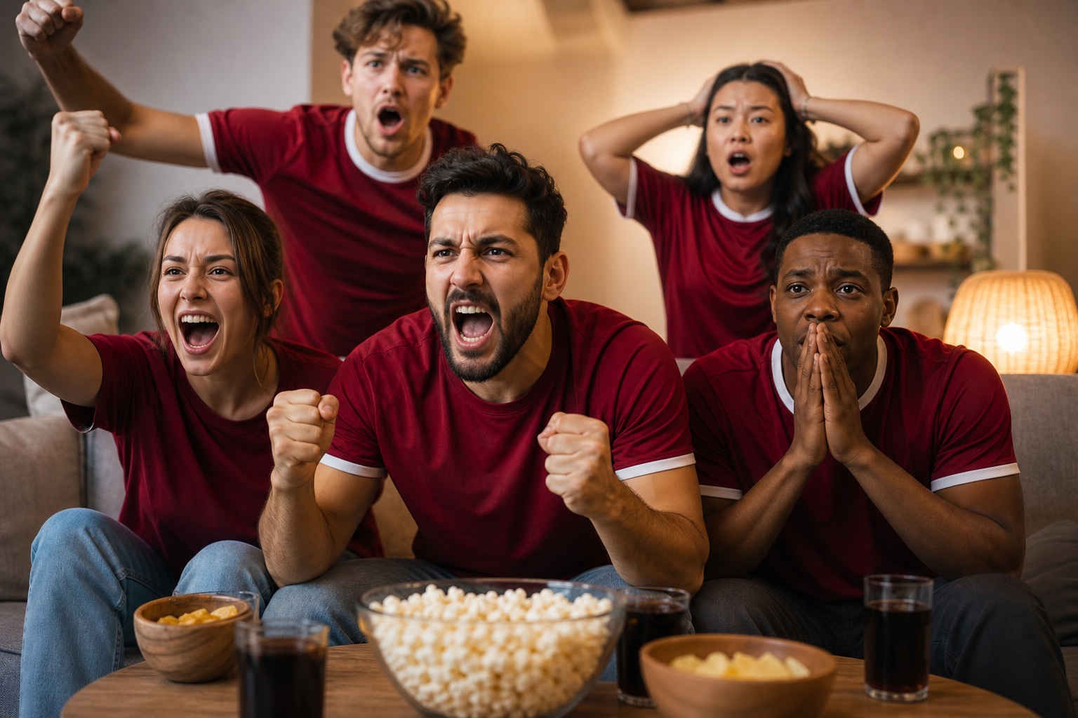 Group of soccer fans cheering excitedly in a living room while watching a match