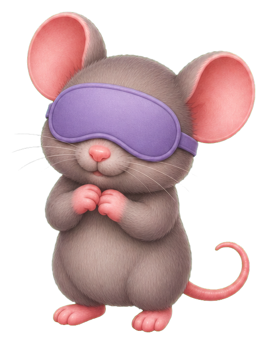 Cute gray mouse wearing a purple sleep mask with paws tucked together.