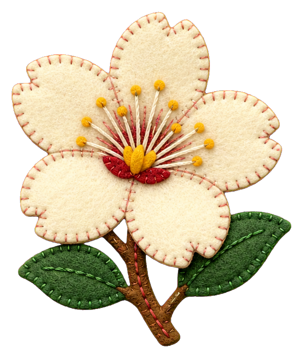 Ivory felt cherry blossom with green leaves and a brown stem
