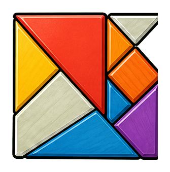 Colorful tangram puzzle made of seven geometric shapes in a square.