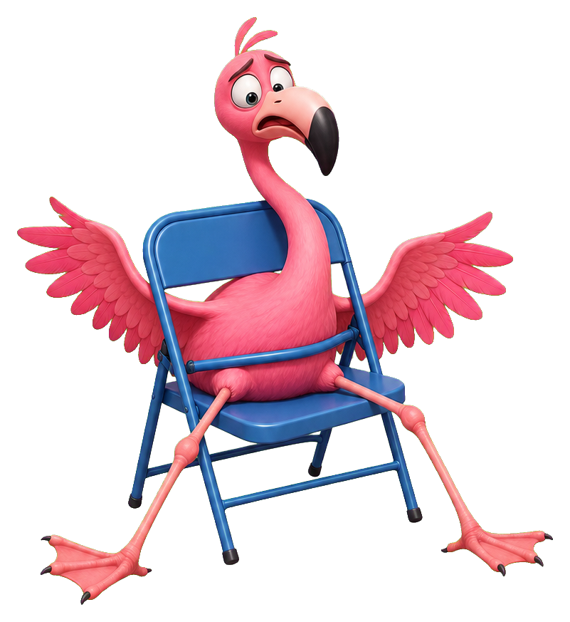 Pink flamingo tangled in a blue folding chair with wings spread out.