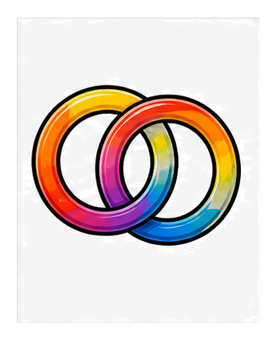 Two interlocking rainbow-colored rings on a black background.