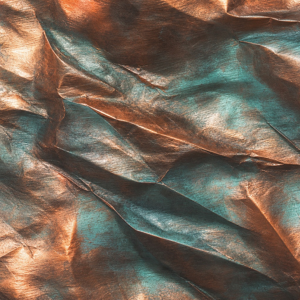 Copper and teal crinkled metallic foil with diagonal ridges and shimmer