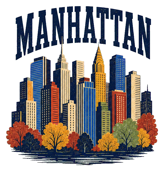 Retro Manhattan text above a colorful illustrated skyline with skyscrapers and trees.