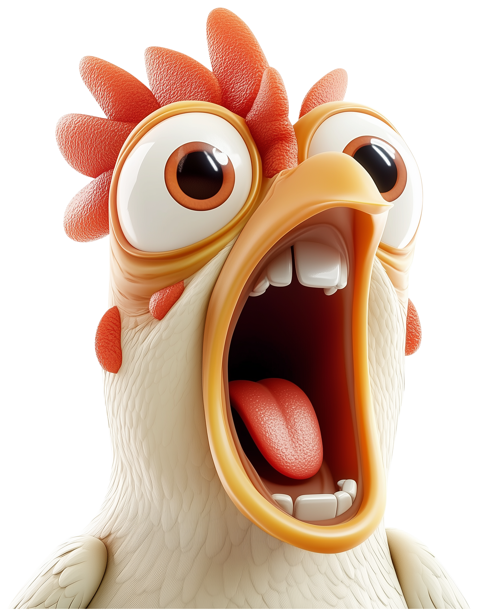 Cartoon chicken emoji with wide eyes and open beak, looking shocked.
