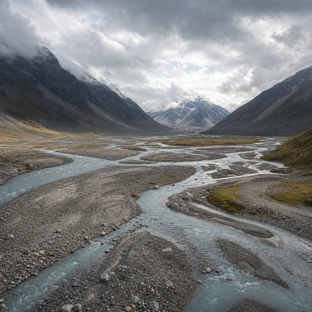 Braided glacial river channels winding through a rocky mountain valley under cloudy skies.
