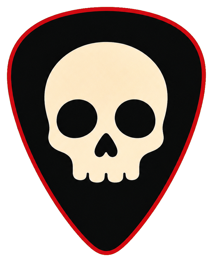 Black guitar pick sticker with a cream skull and red outline