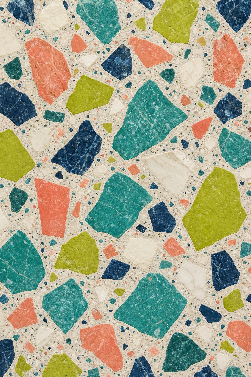 Tropical green terrazzo pattern with colorful mineral chips and geometric shapes.