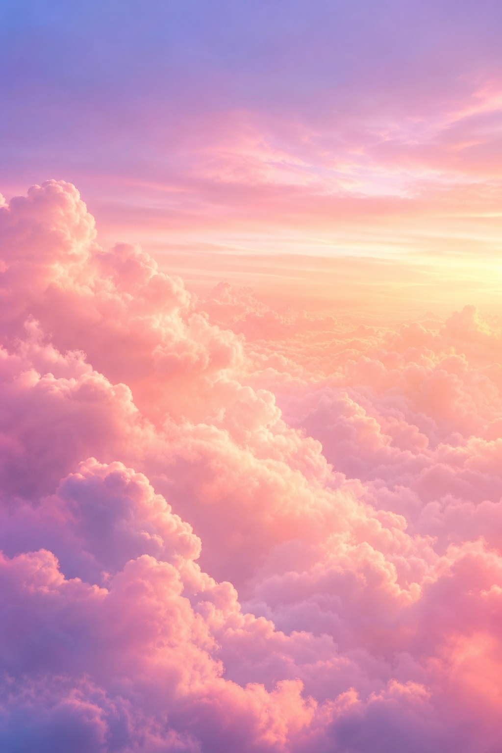 Soft pink and lavender clouds glowing under a warm sunlit sky