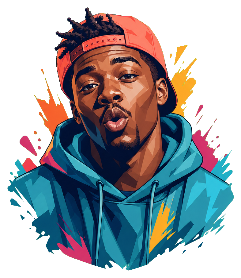 Colorful illustrated beatbox performer in a hoodie and cap with bold street art accents