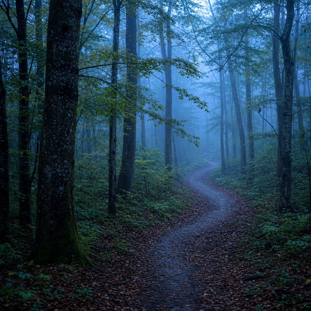 A winding dirt path through a misty blue forest at dawn