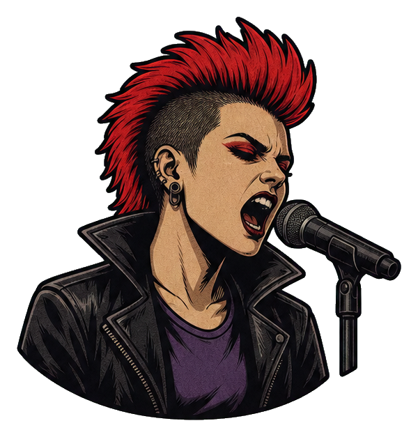 Illustrated heavy metal vocalist with a red mohawk singing into a microphone.