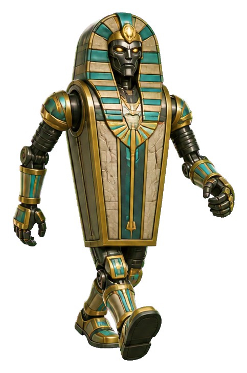 Armored Egyptian-style robot marching forward with glowing eyes and gold teal details