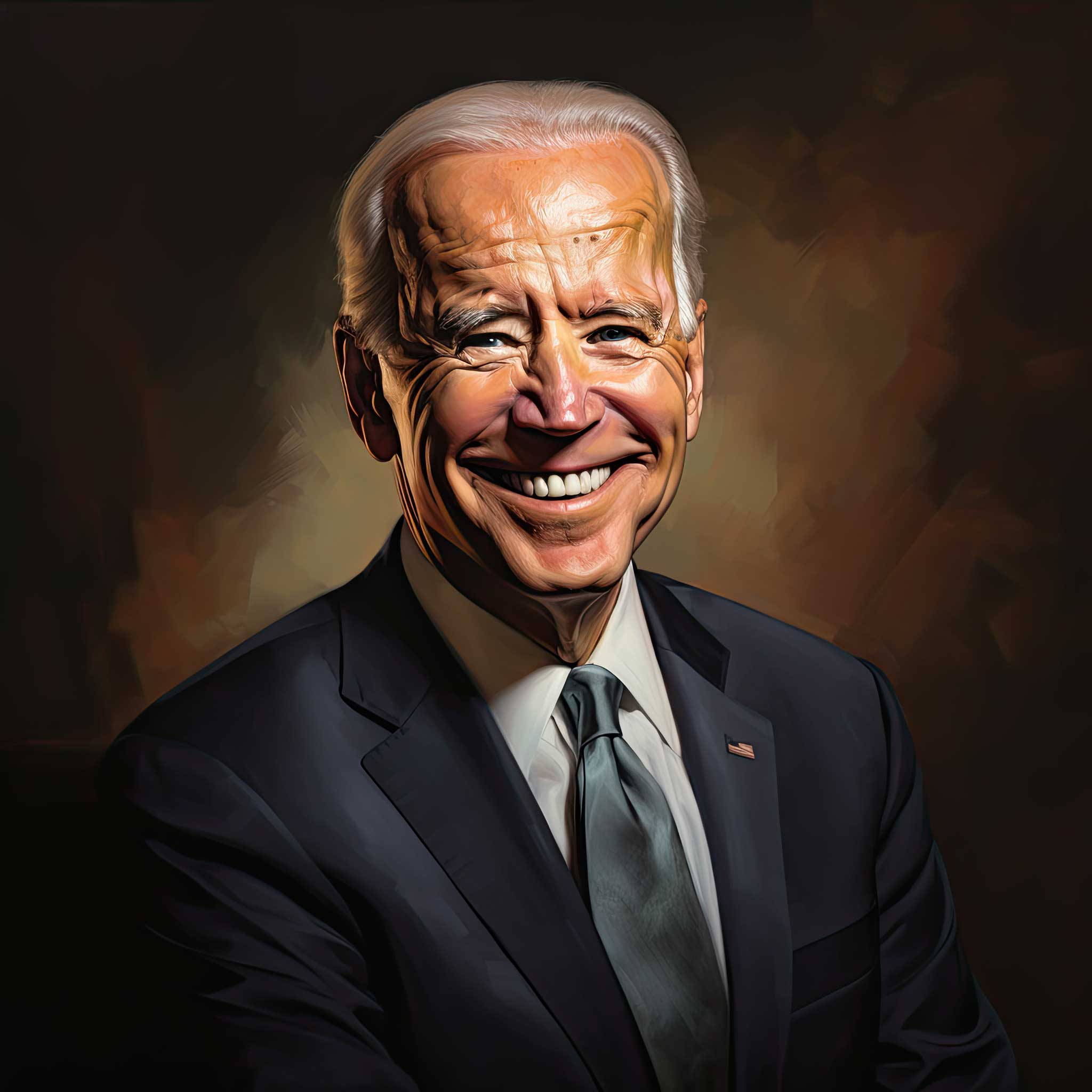 Portrait of Joe Biden smiling in a dark suit against a dark background.