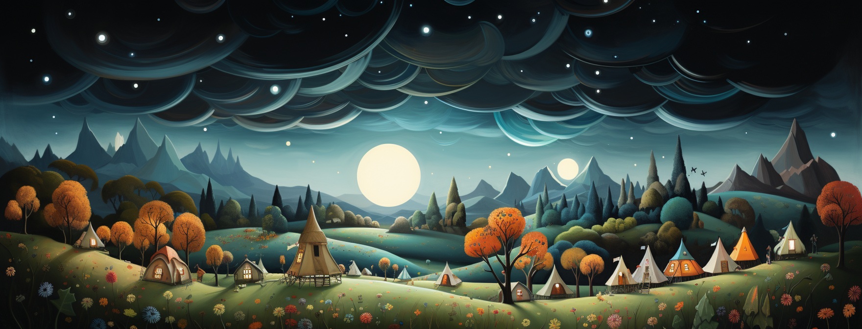 Moonlit mountain campsite with trees, tents, and a glowing full moon over a forest panorama.