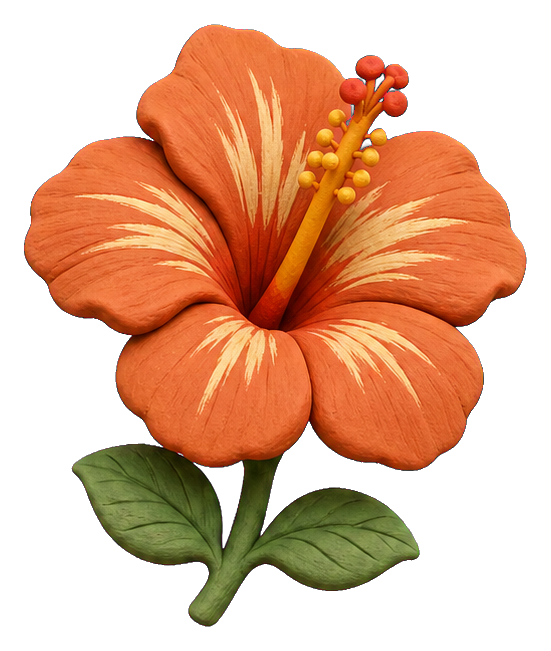 Orange hibiscus flower with green leaves in a matte clay style