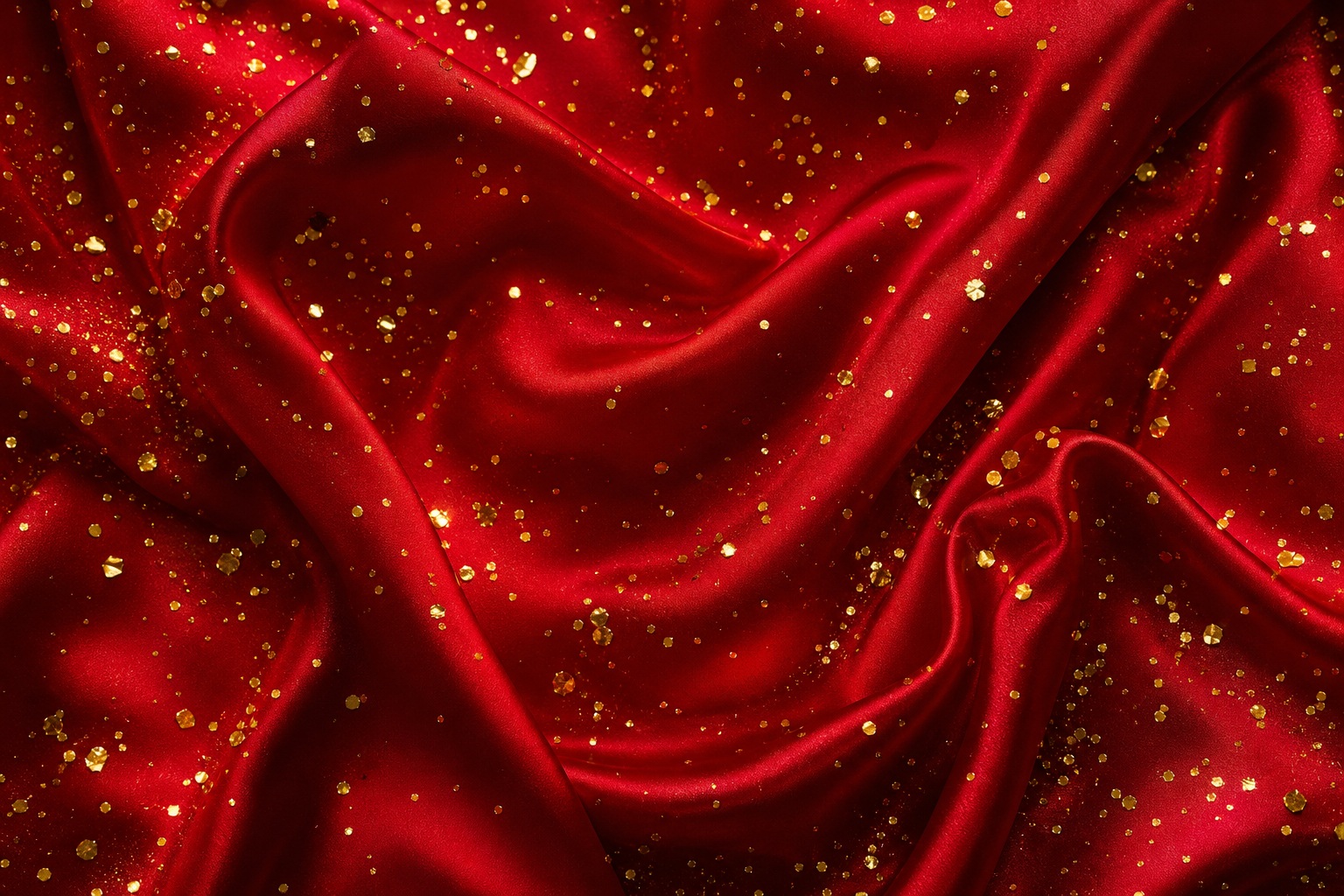 Red satin fabric with scattered gold confetti sparkles
