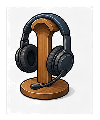 Black headset resting on a wooden stand with a microphone boom attached.