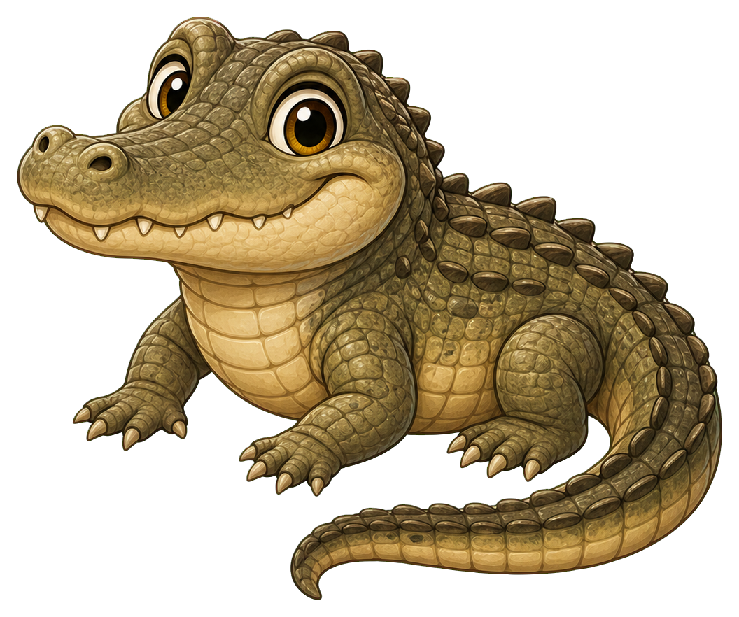 Cute little crocodile with a rounded body, big eyes, and a curled tail.