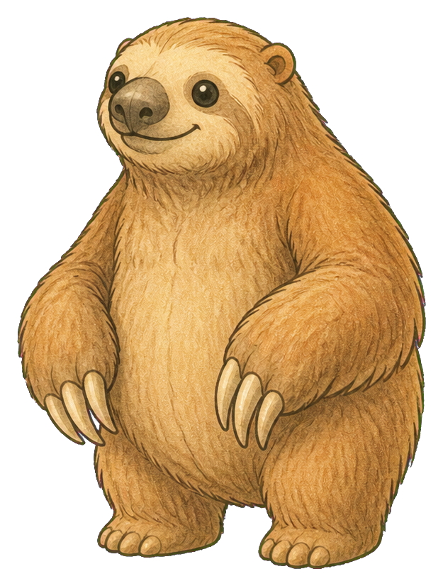 Cute giant ground sloth standing upright with a friendly expression and long claws.