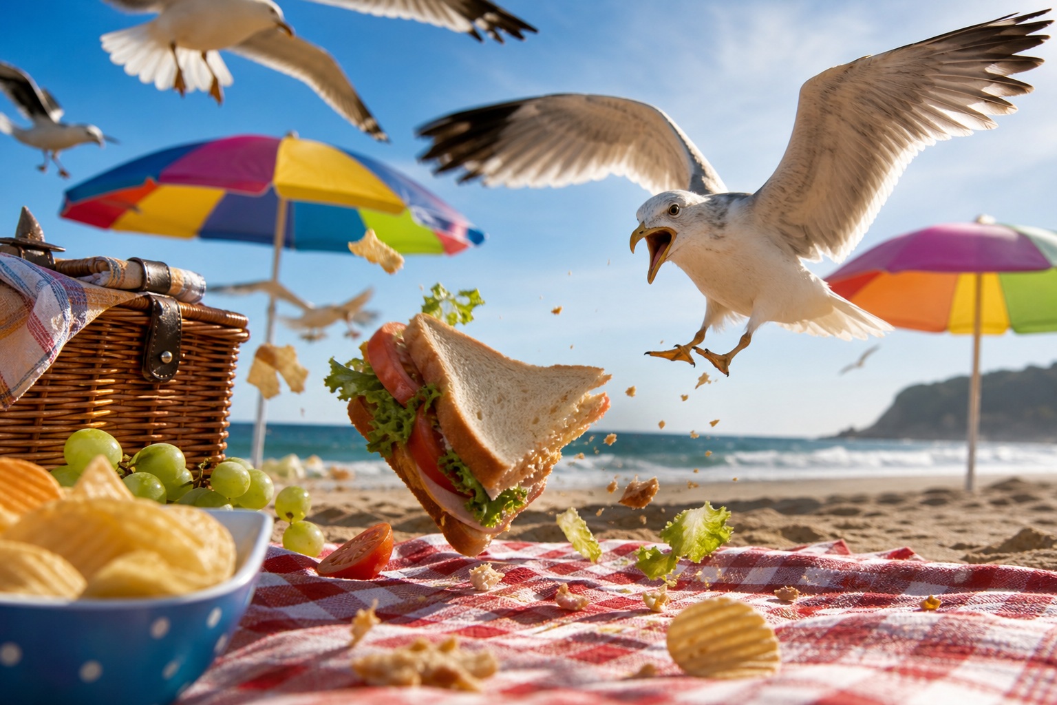 Beach picnic scene with snacks, umbrellas, and seagulls by the water