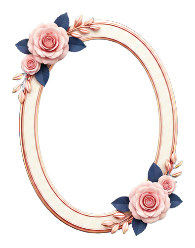 Oval floral photo frame with pink roses and delicate leaves on the corners