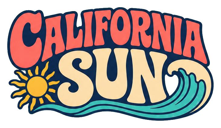 Retro California Sun Coast text with a sun and curling wave graphic.