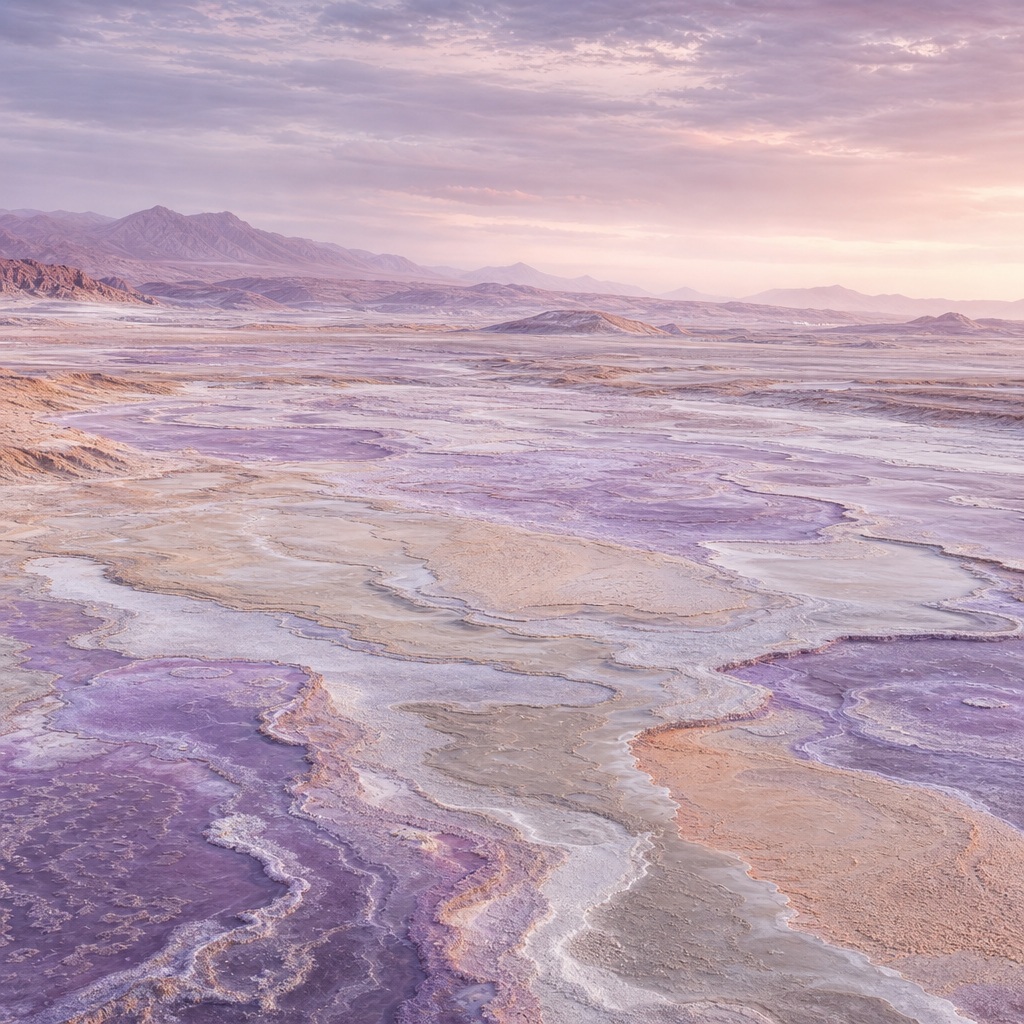 Lavender-toned layered salt basin stretching across a hazy desert landscape