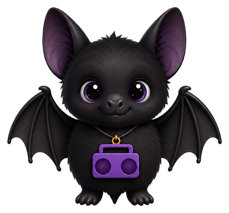 Cute black bat holding a purple boombox pendant with spread wings.