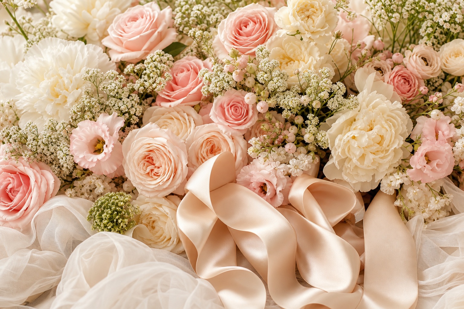 Soft pink and cream roses with silk ribbon and sheer fabric floral arrangement