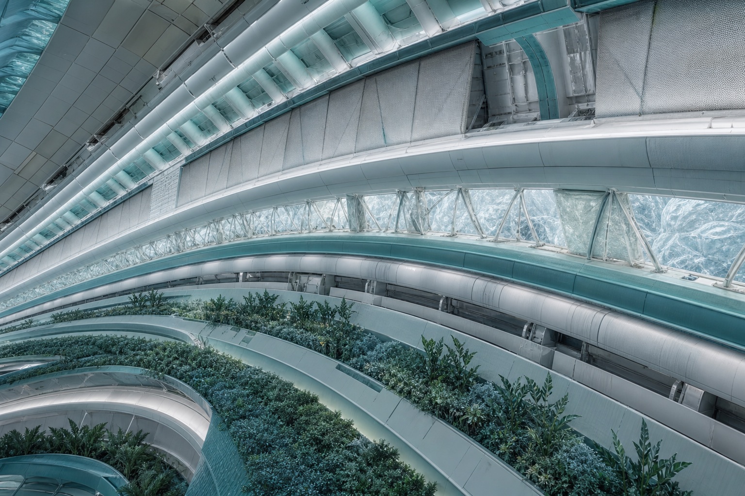 Curved teal and silver orbital habitat interior with layered walkways and plants.