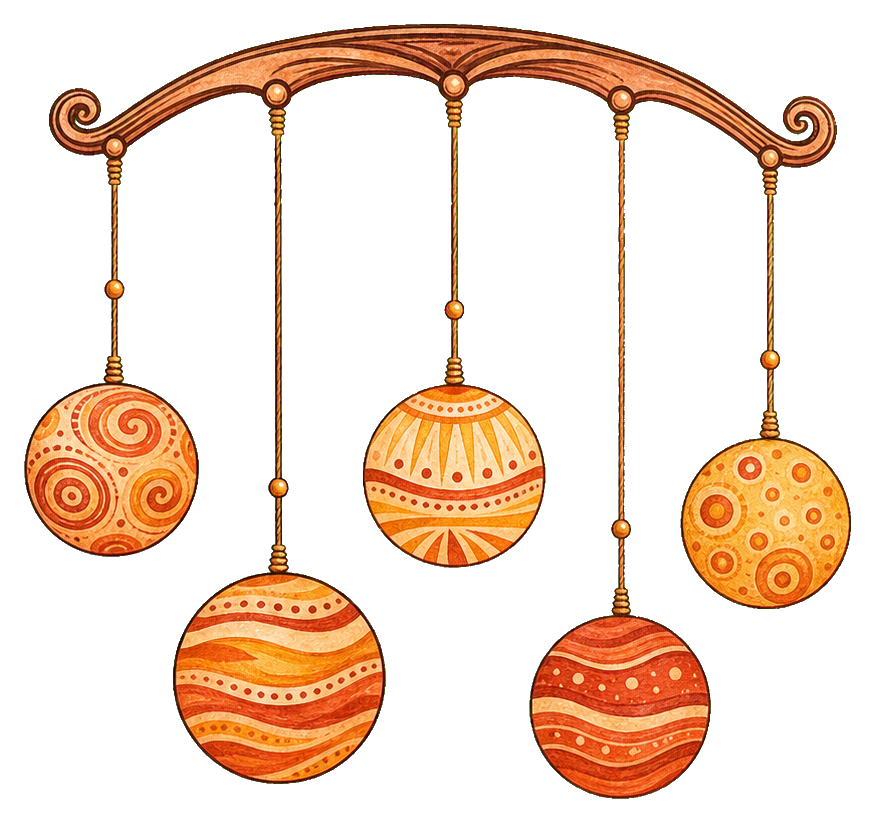 Hanging mobile with five orange patterned planets and celestial rings