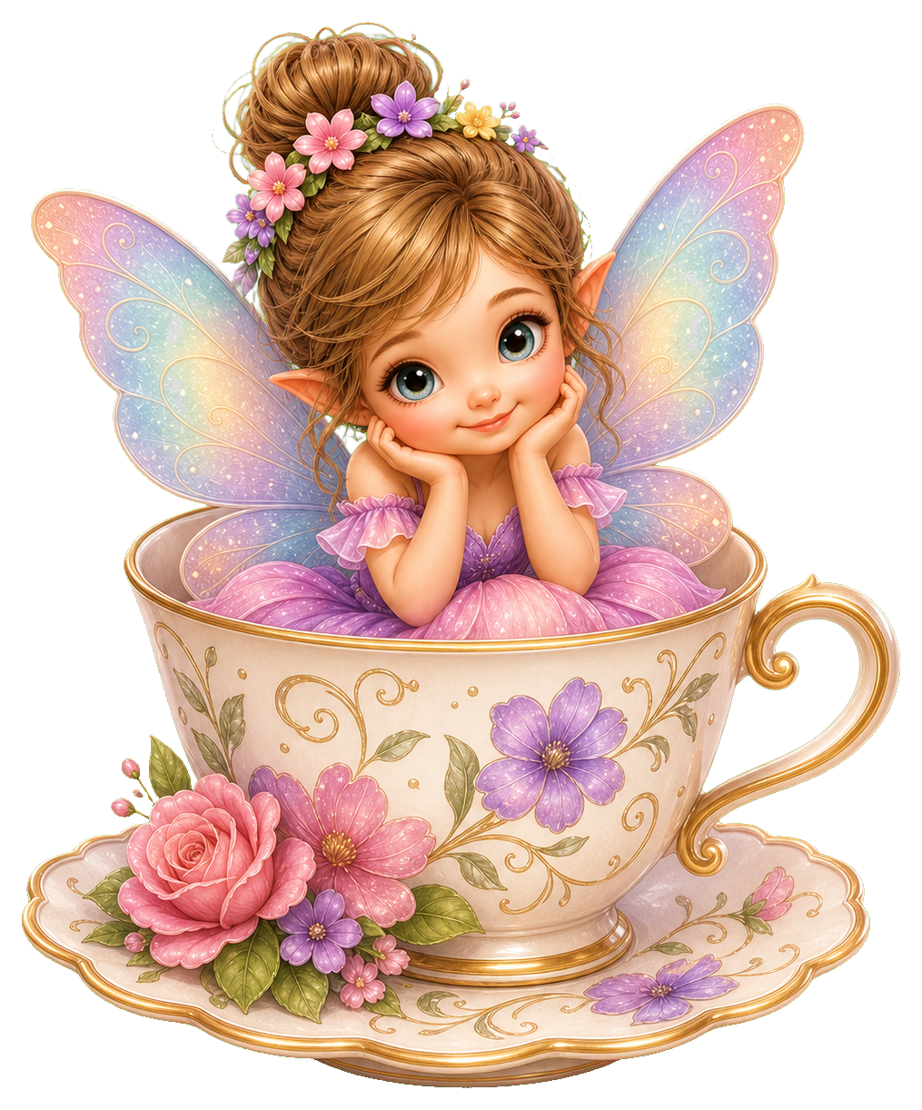 A smiling fairy with wings sitting in a floral teacup surrounded by flowers.