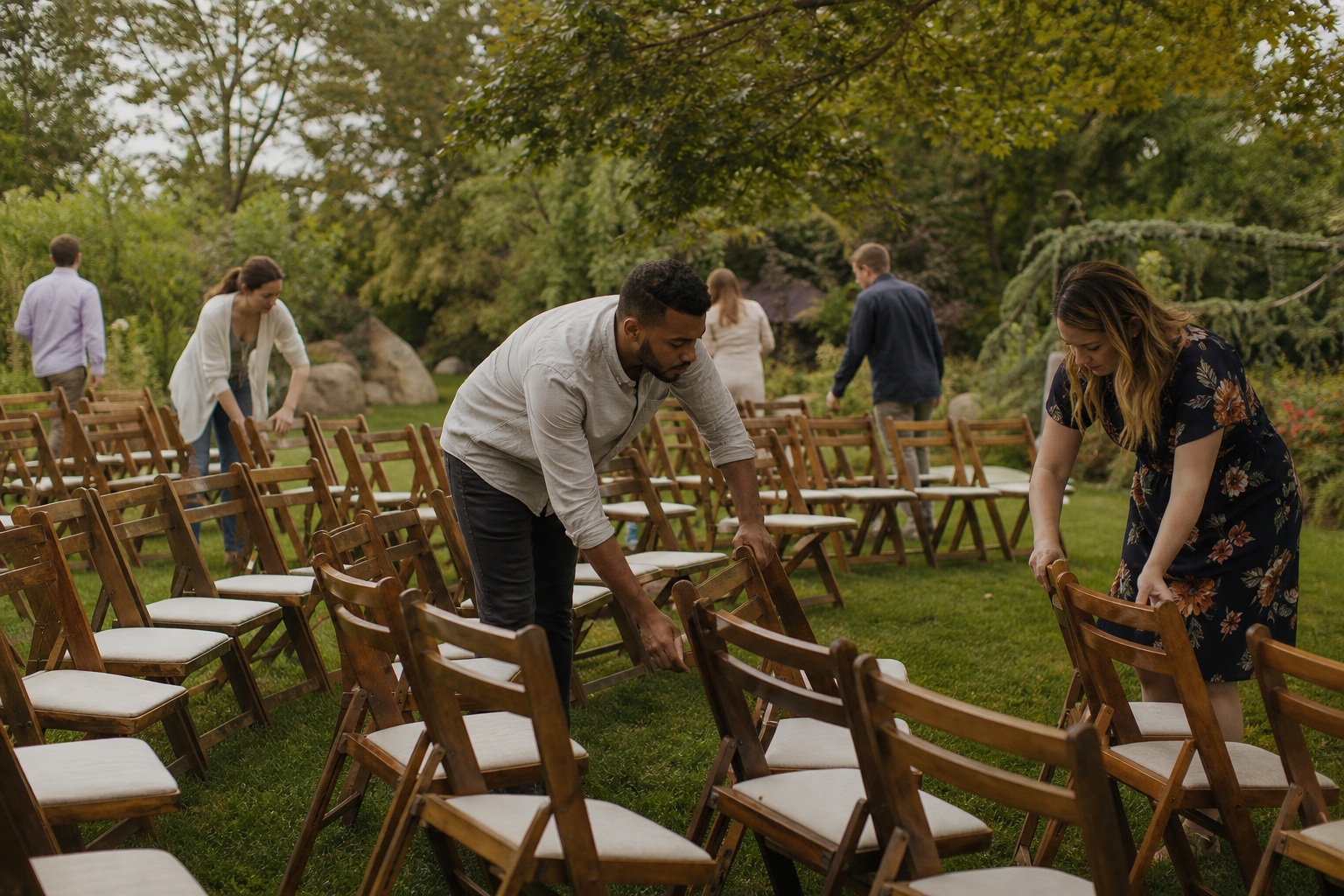 People arranging wooden chairs on grass before an outdoor wedding ceremony.