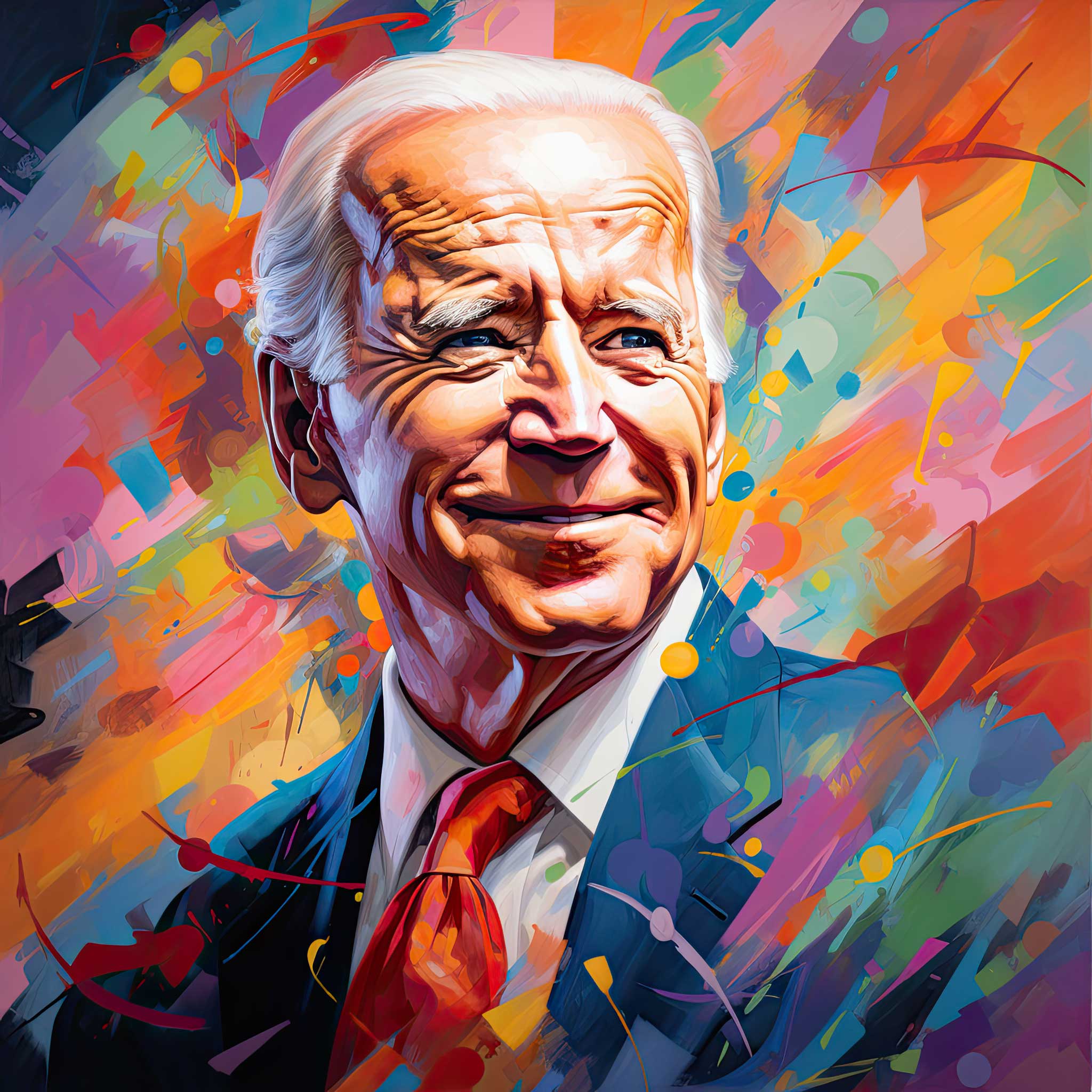 Colorful painted portrait of Joe Biden in a suit and tie.