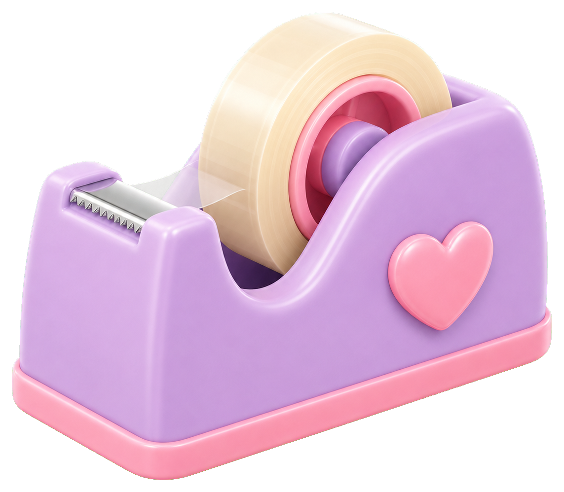 Lavender desk tape dispenser with a pink heart detail and tape roll.