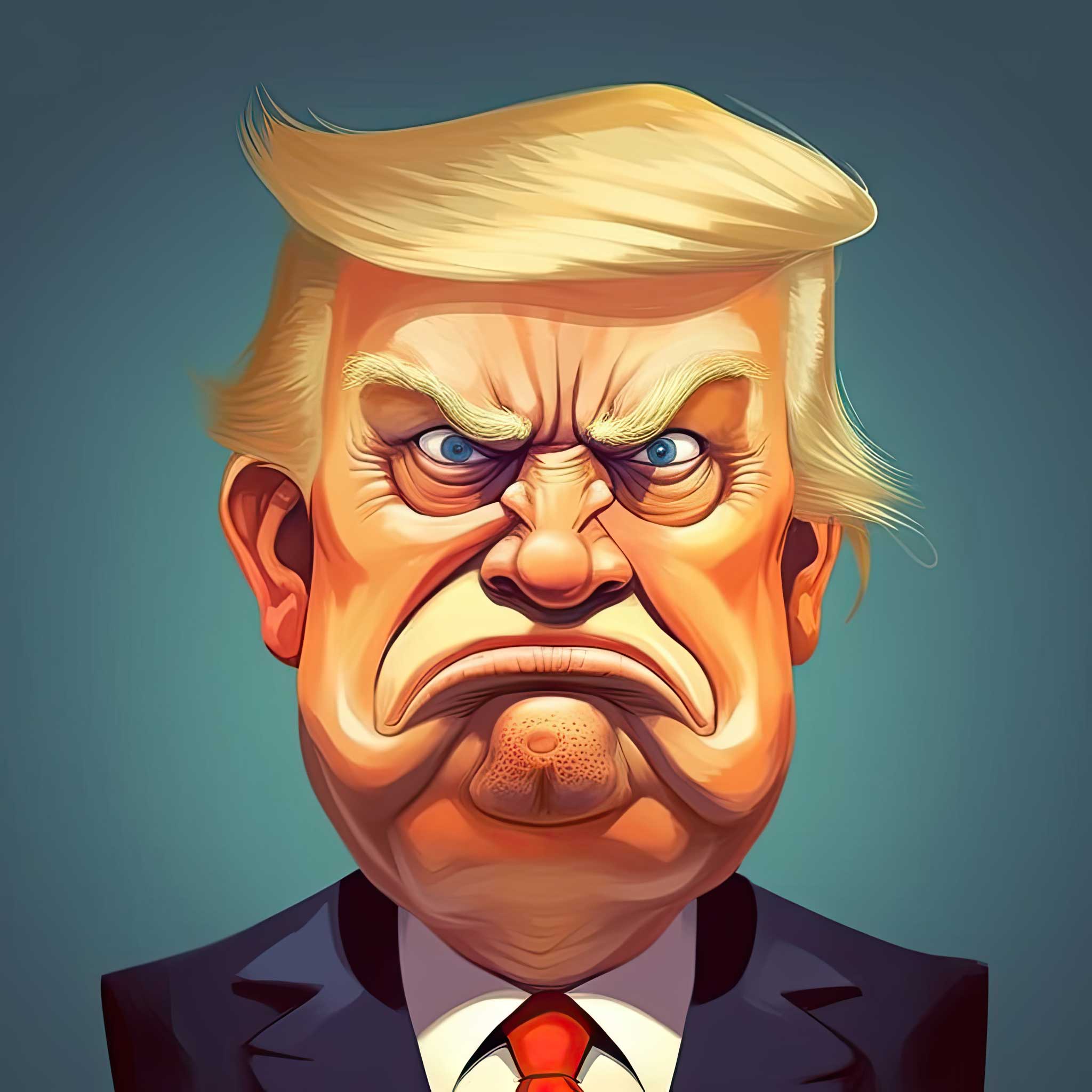 Caricature portrait of Donald Trump with a stern expression on a teal background