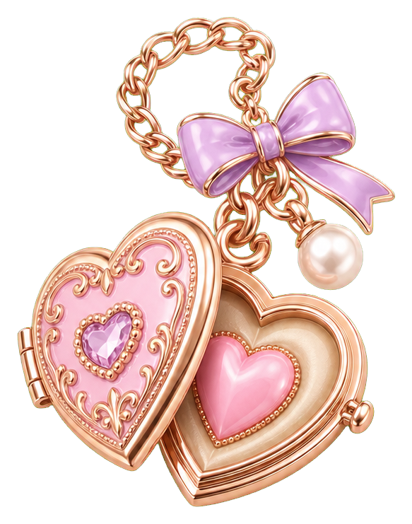 Pink heart locket sticker with a bow, chain, and pearl accent