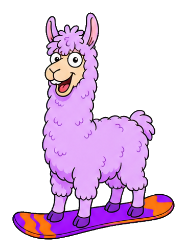 Purple cartoon llama standing on a colorful snowboard sticker.