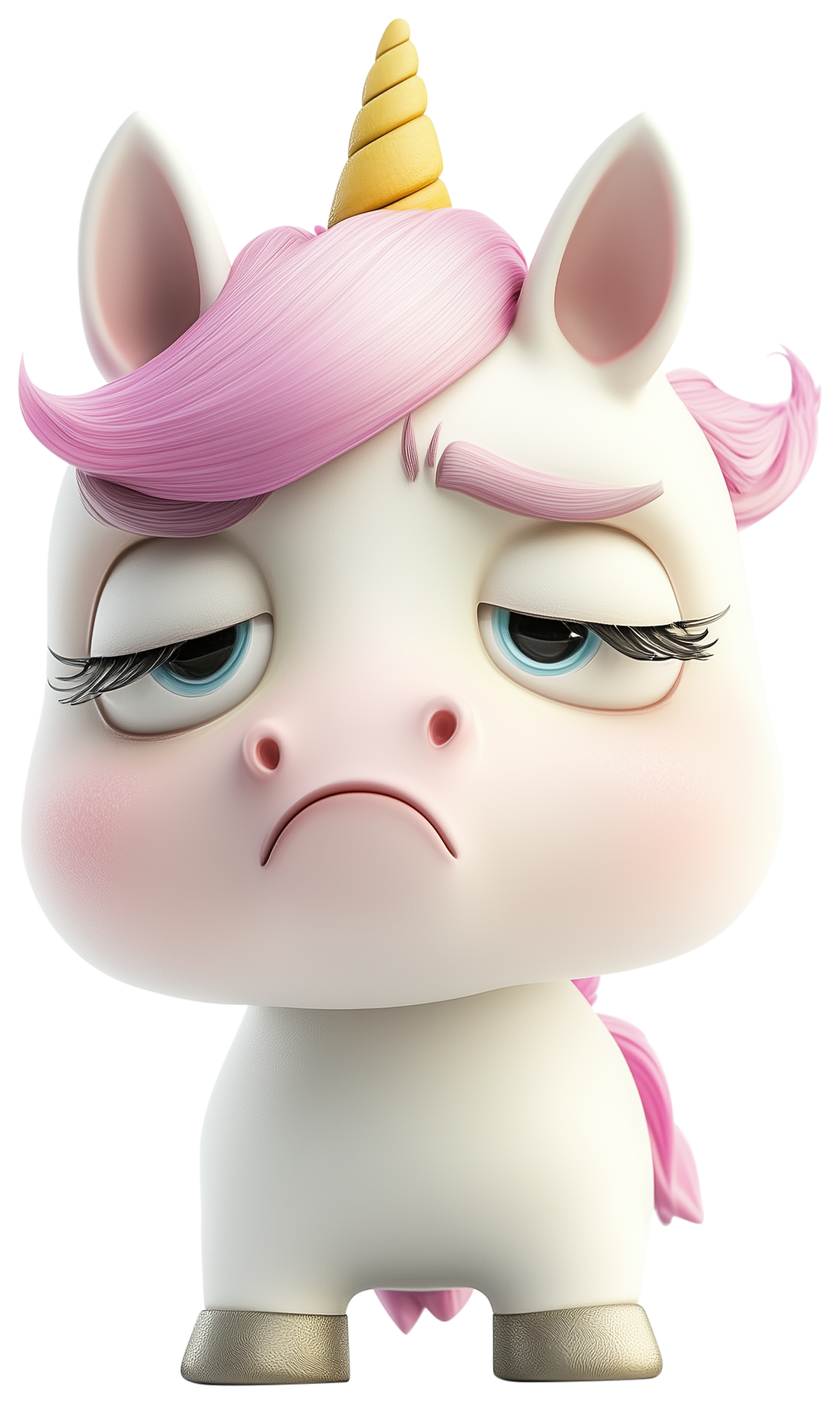 Cute cartoon unicorn emoji with pink mane, horn, and annoyed expression