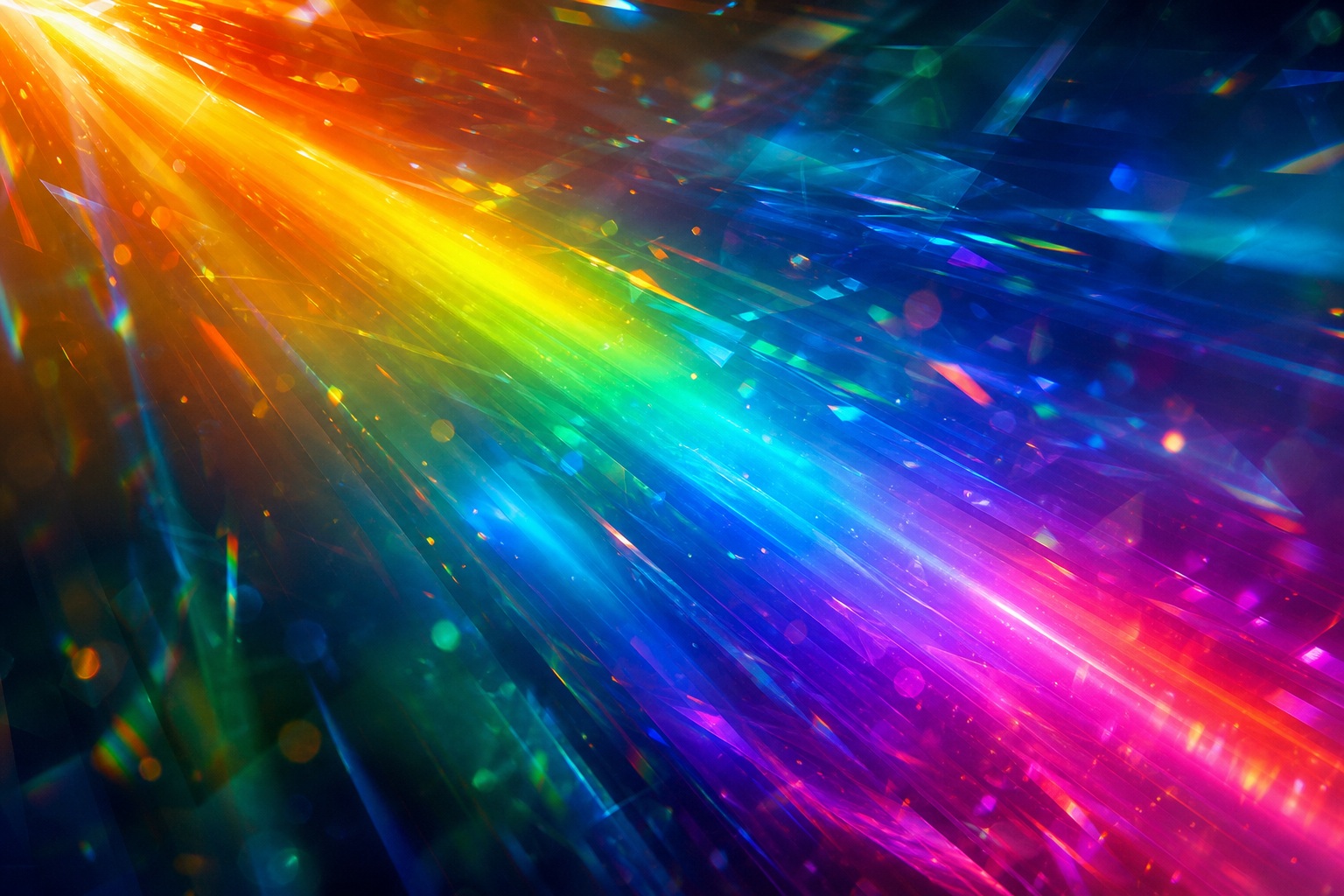 Diagonal rainbow light streaks with glowing prism and caustic effects on a dark background.