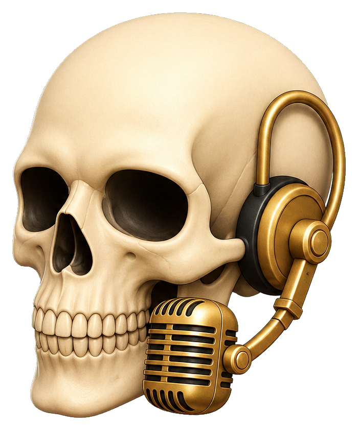 Skull wearing gold retro headphones with a vintage microphone