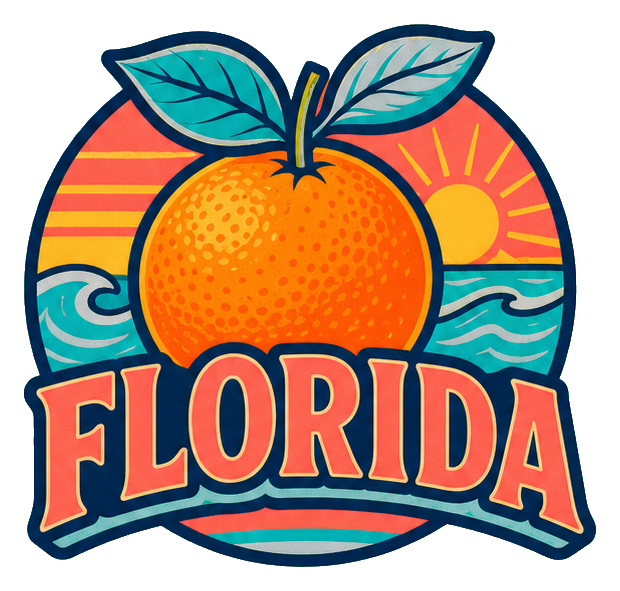 Retro Florida sticker with an orange above the word Florida and colorful sunset waves.