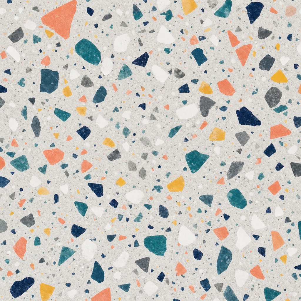 Colorful terrazzo texture with scattered orange, teal, blue, and gray chips on a light background