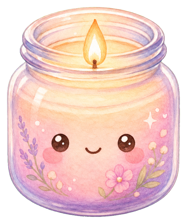 Cute pastel candle in a smiling glass jar with flowers and a glowing flame