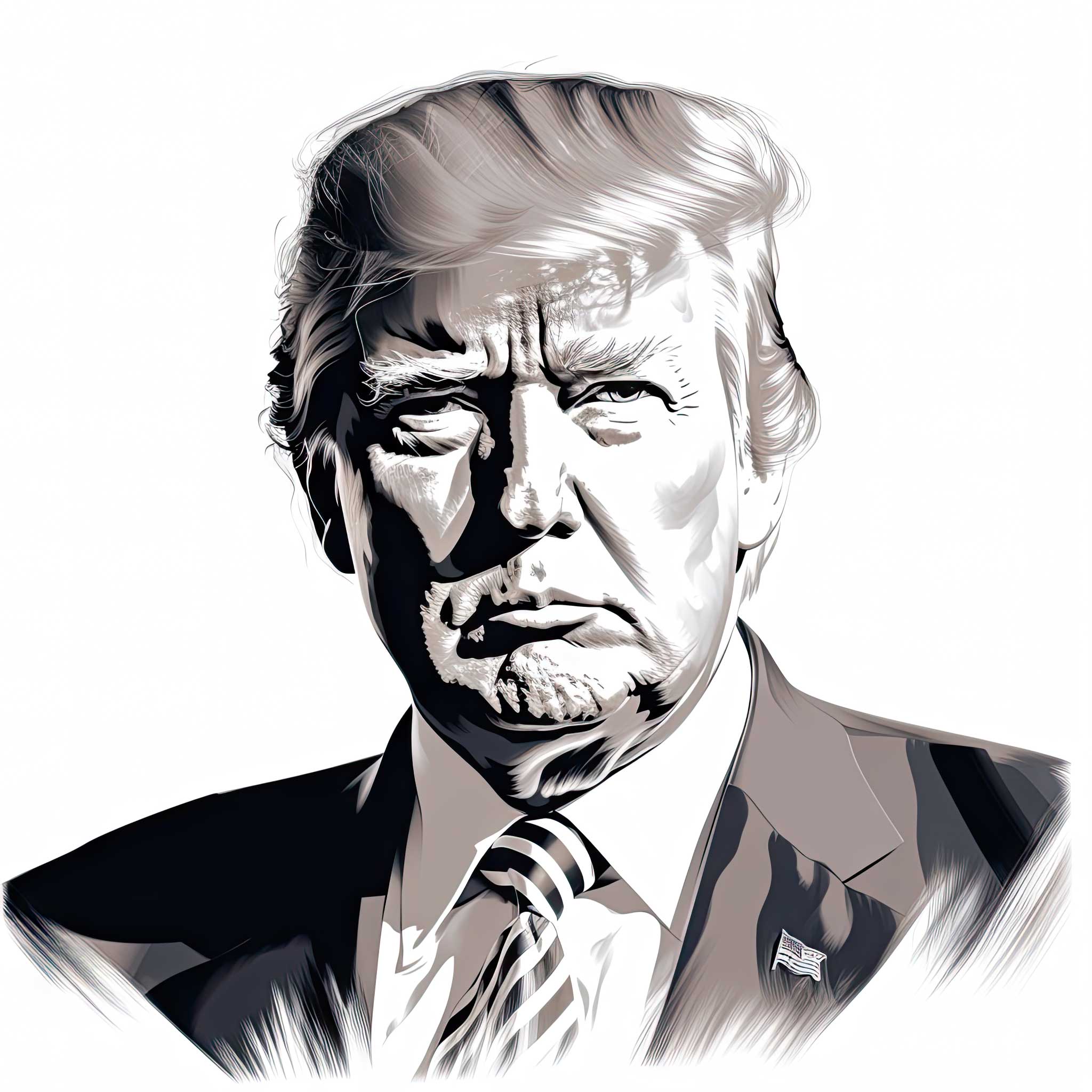 Black and white stylized portrait of Donald Trump on a plain background.