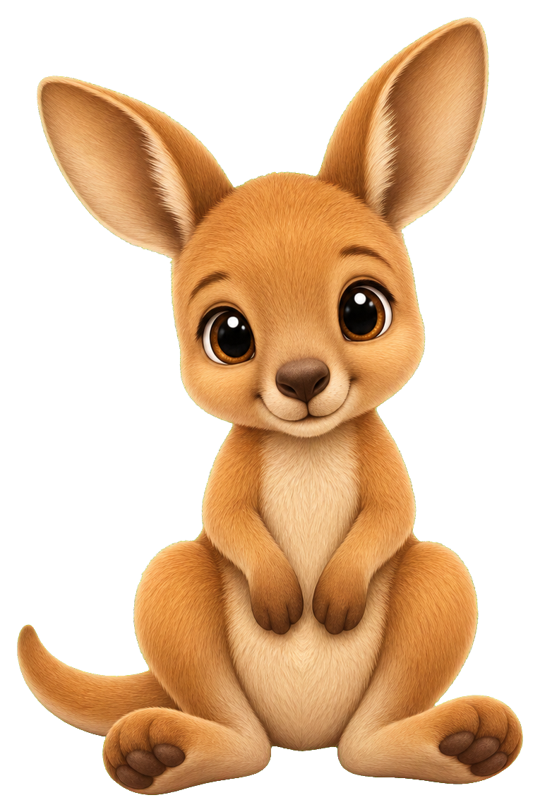 Cute baby kangaroo sitting with big ears and wide eyes.